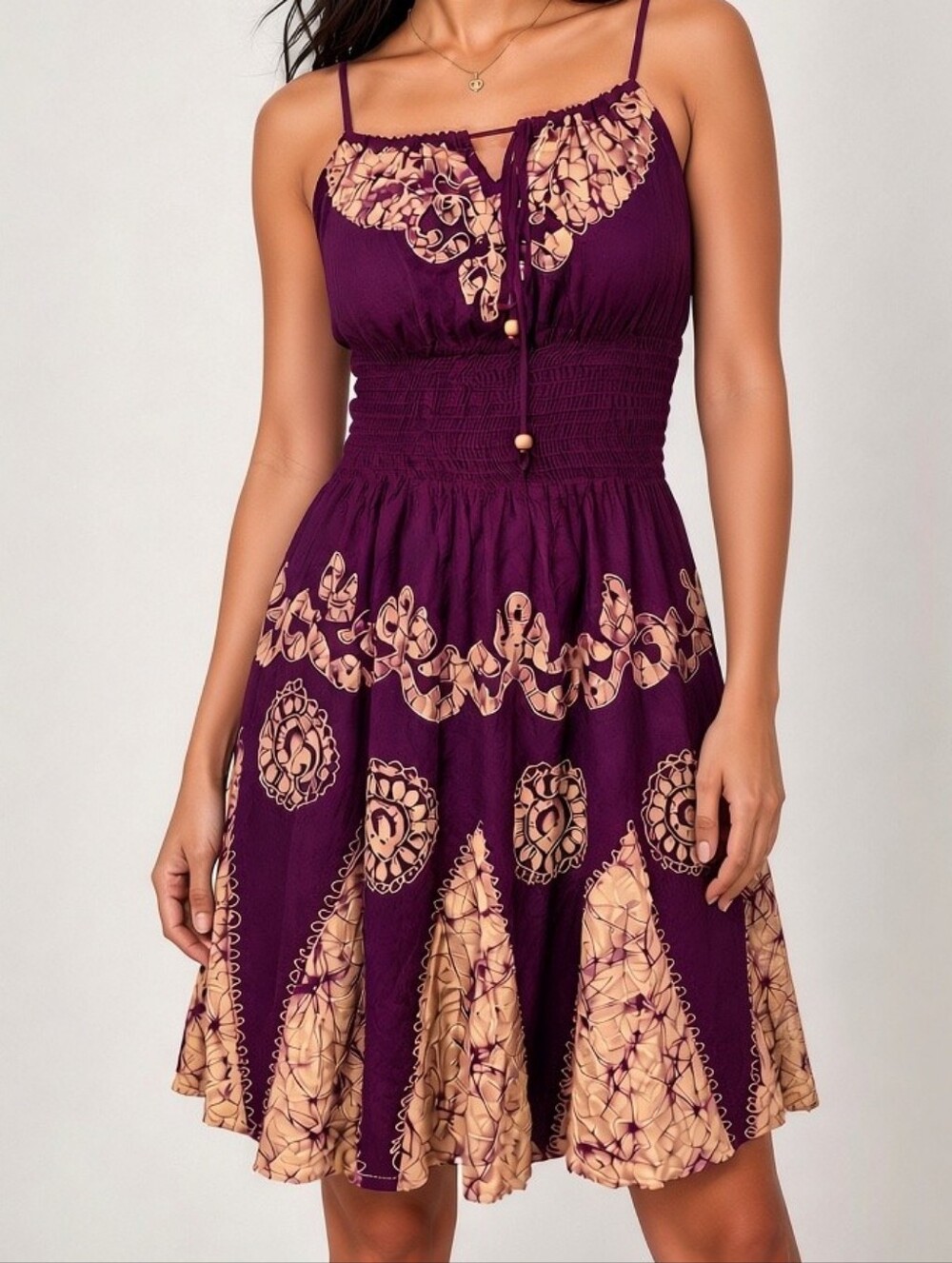 Boho Embroidered Midi Dress – Deep Wine Red – Size M